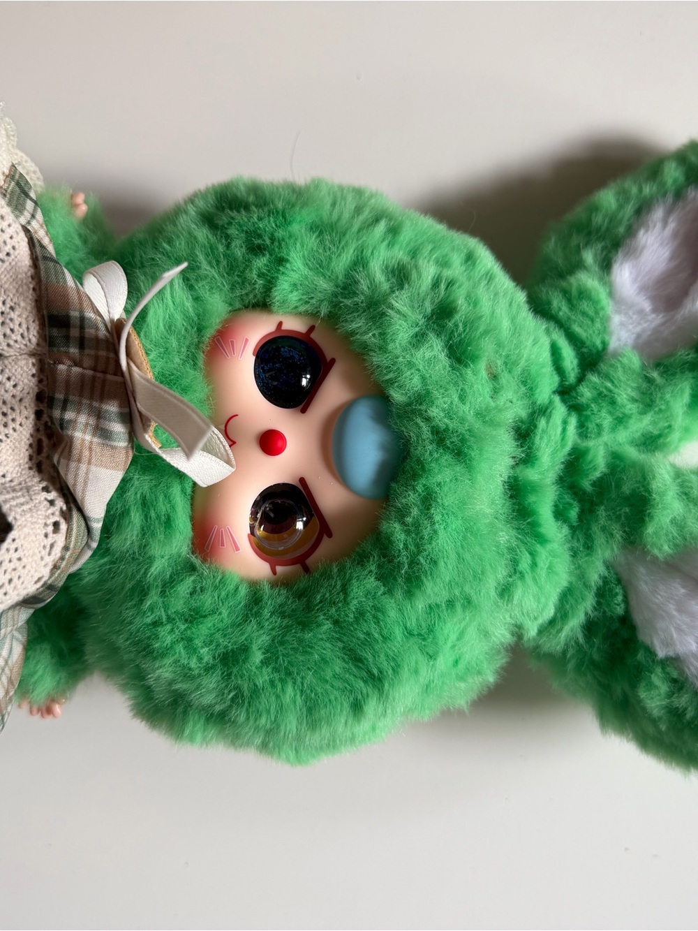 Baby Three Green Bunny Plush Doll Heterochromia Eyes Plaid Bonnet Collectible